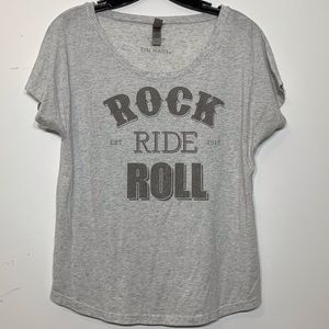 EUC Tin Haul “Rock Ride‎ Roll” pale gray T-shirt S